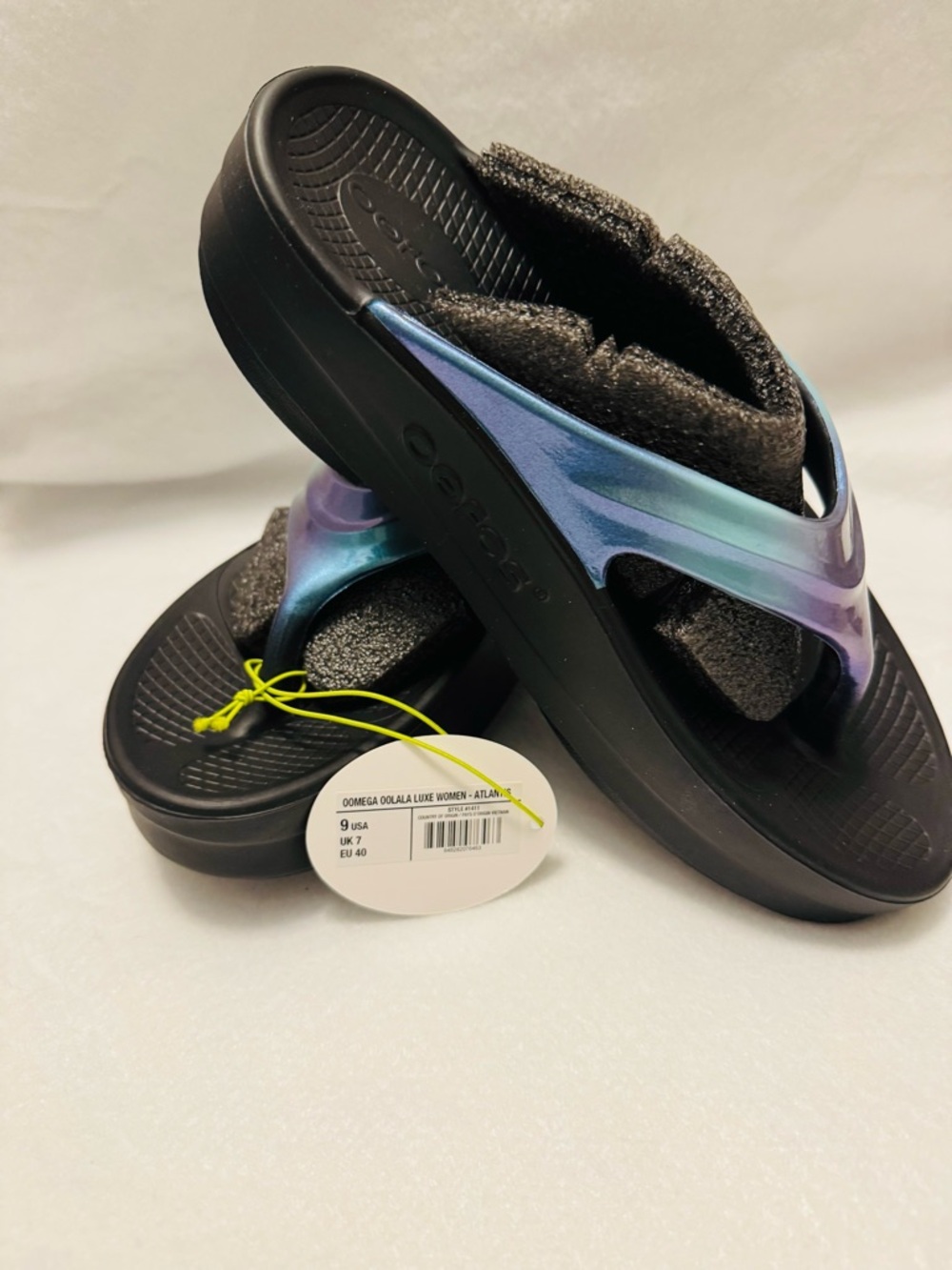 OOFOS OOmega OOlala Luxe Atlantis Platform Sandals Flip Flop Blue Purple Size 9